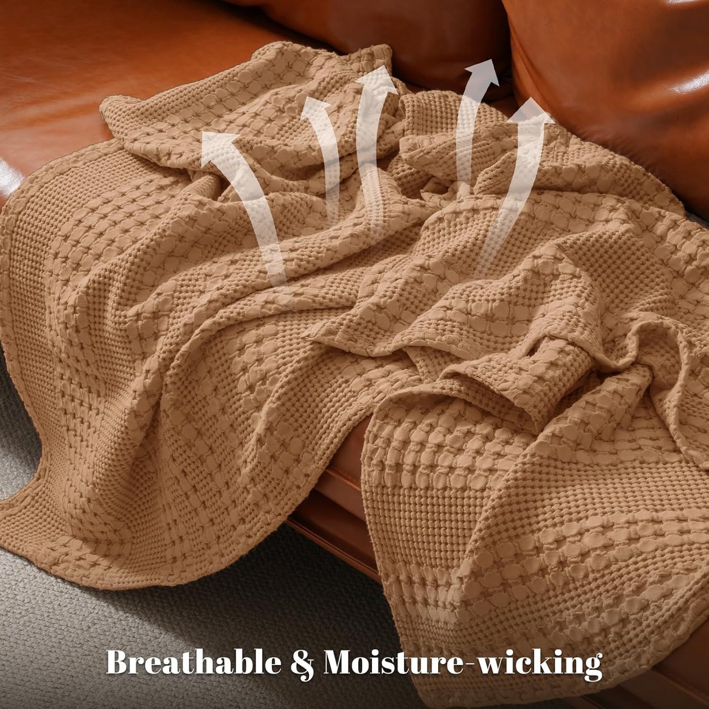 PHF 100% Cotton Waffle Weave Blanket Queen Size, Soft Lightweight Breathable Cozy Summer Blankets