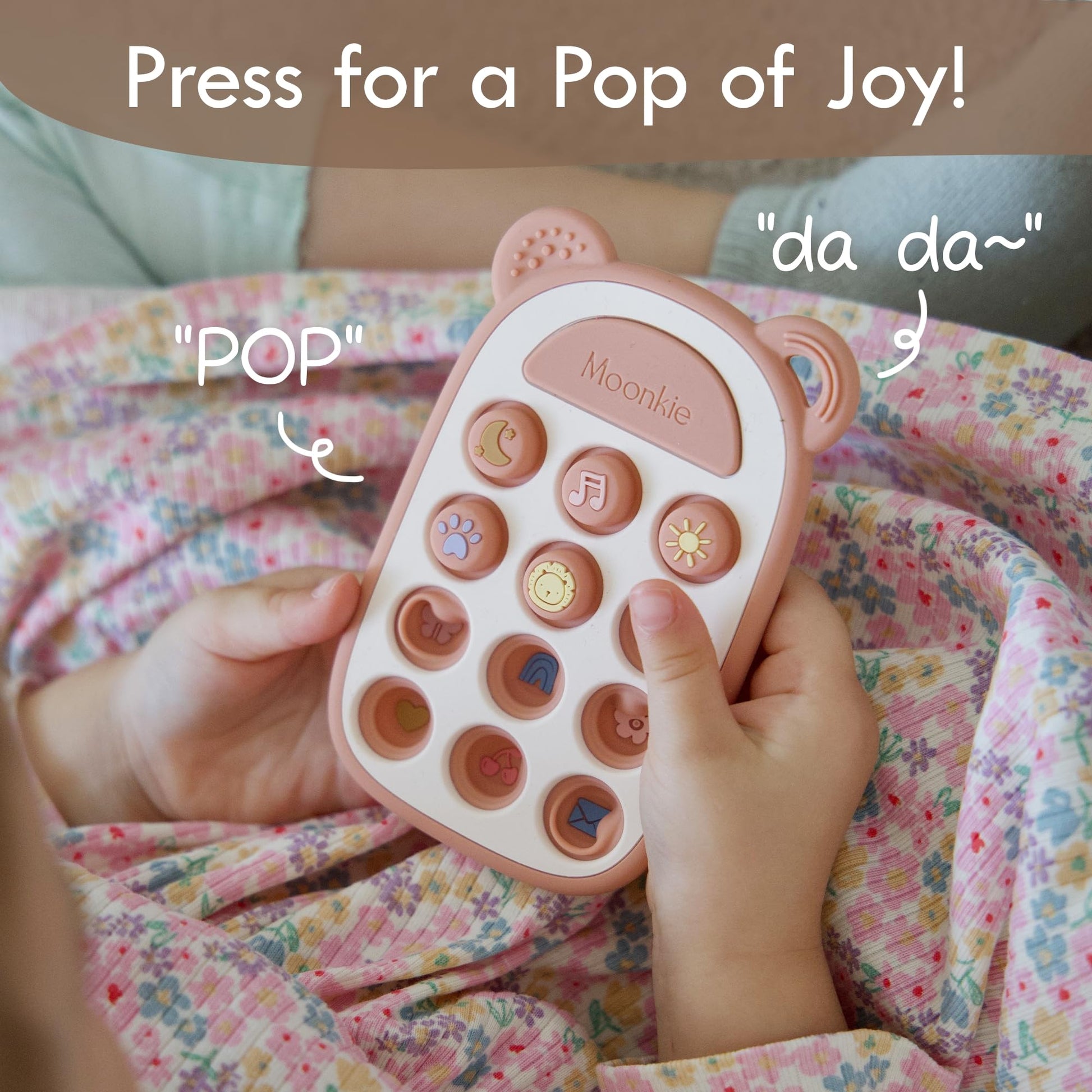 Moonkie Silicone Press Phone Teething Toy for Baby 3 Months+ | Soft BPA-Free Teether with Icon &