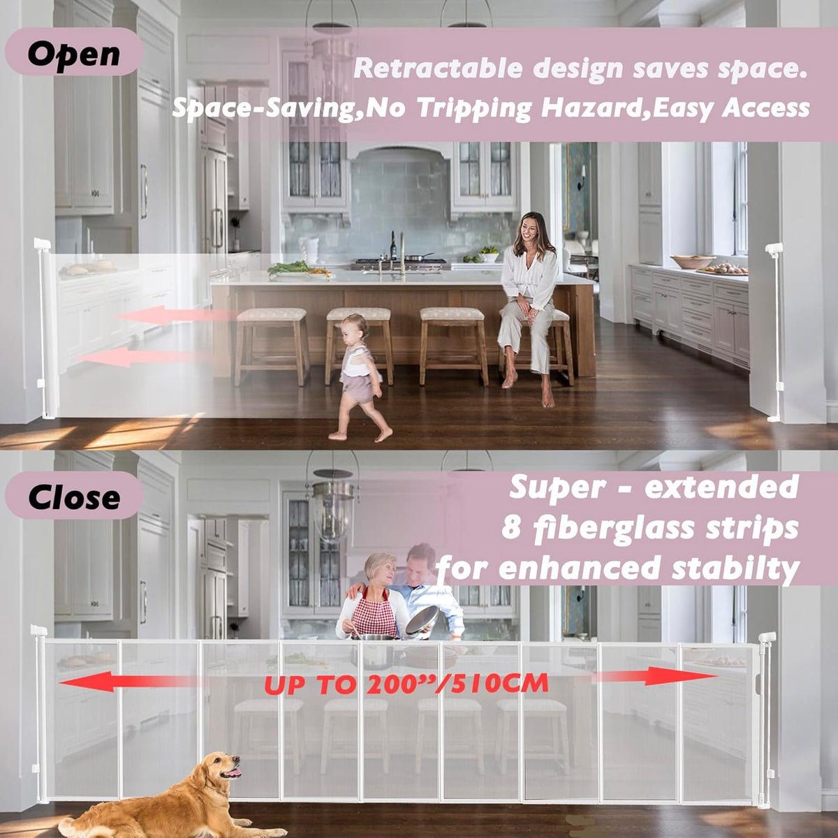 200" Retractable Baby Gates Extra Wide for Large Opening, 41" Extra Tall Retractable Dog Gate Pet