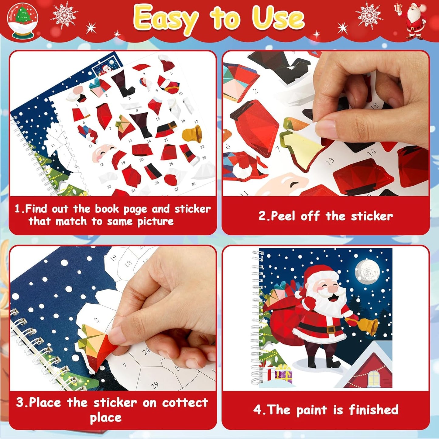 4 Pcs Christmas Paint by Sticker Books for Kids Ages 4-8 Sticker by Number Books Activity Book for