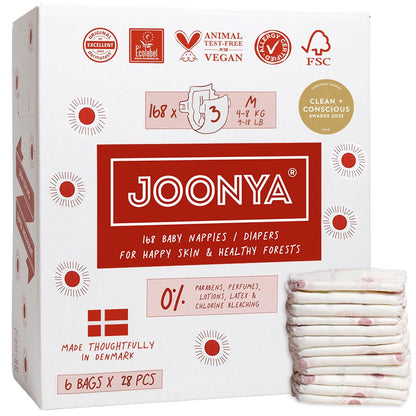 Joonya Baby Diapers, Size 3 M (9-18 lb) - 6 Bags of 28 (168) - New Range - NonToxic, Eco-Friendly