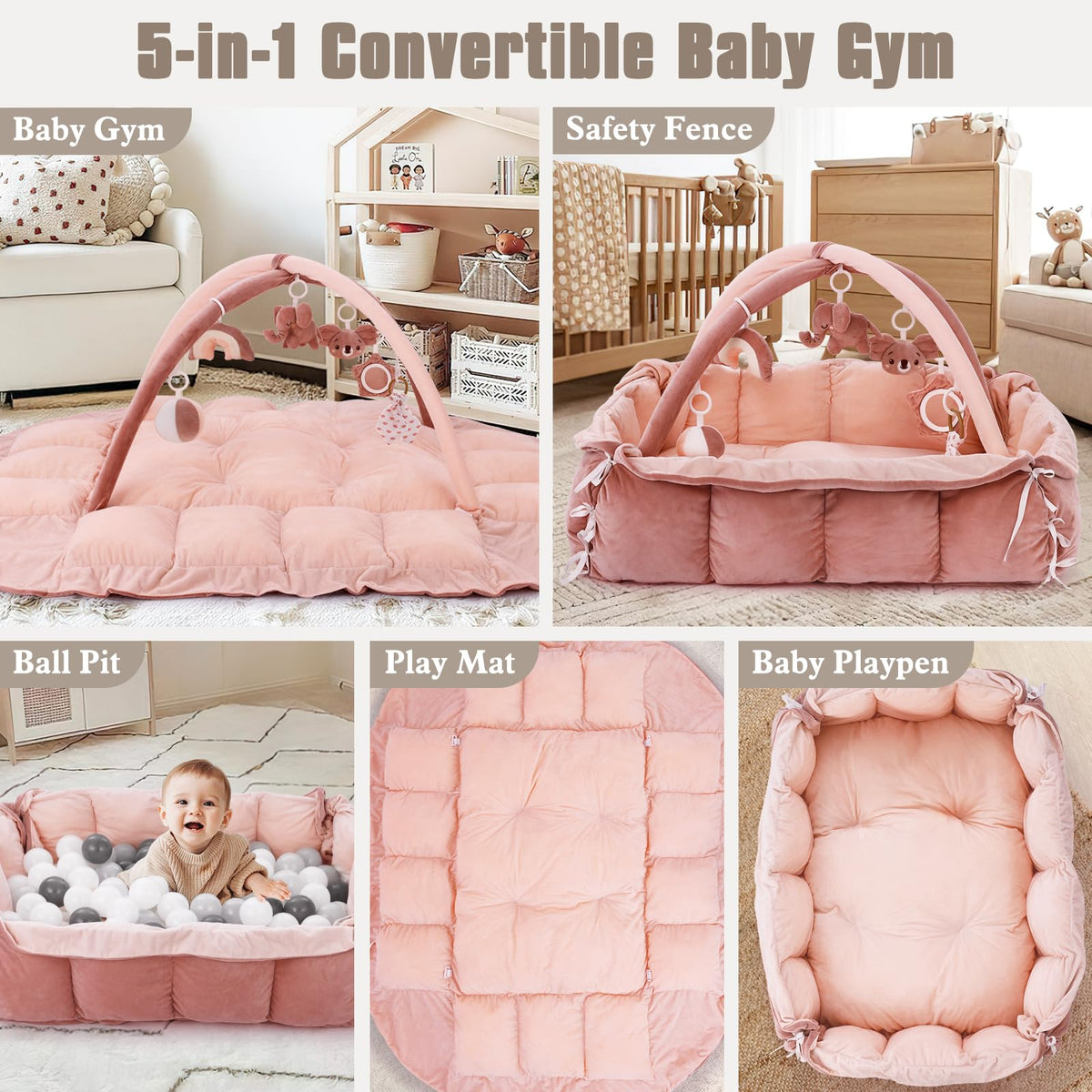 5-in-1 Plush Baby Play Gym, Baby Play Mats, Convertible Baby Gym, Tummy time mat, 6 Sensory Toys