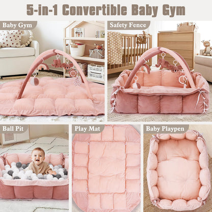 5-in-1 Plush Baby Play Gym, Baby Play Mats, Convertible Baby Gym, Tummy time mat, 6 Sensory Toys