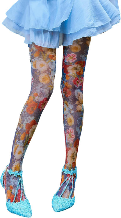 Sahabowi Women's Sheer Fashion Digital Print Fashions Stockings Metallic Silver Tights 1