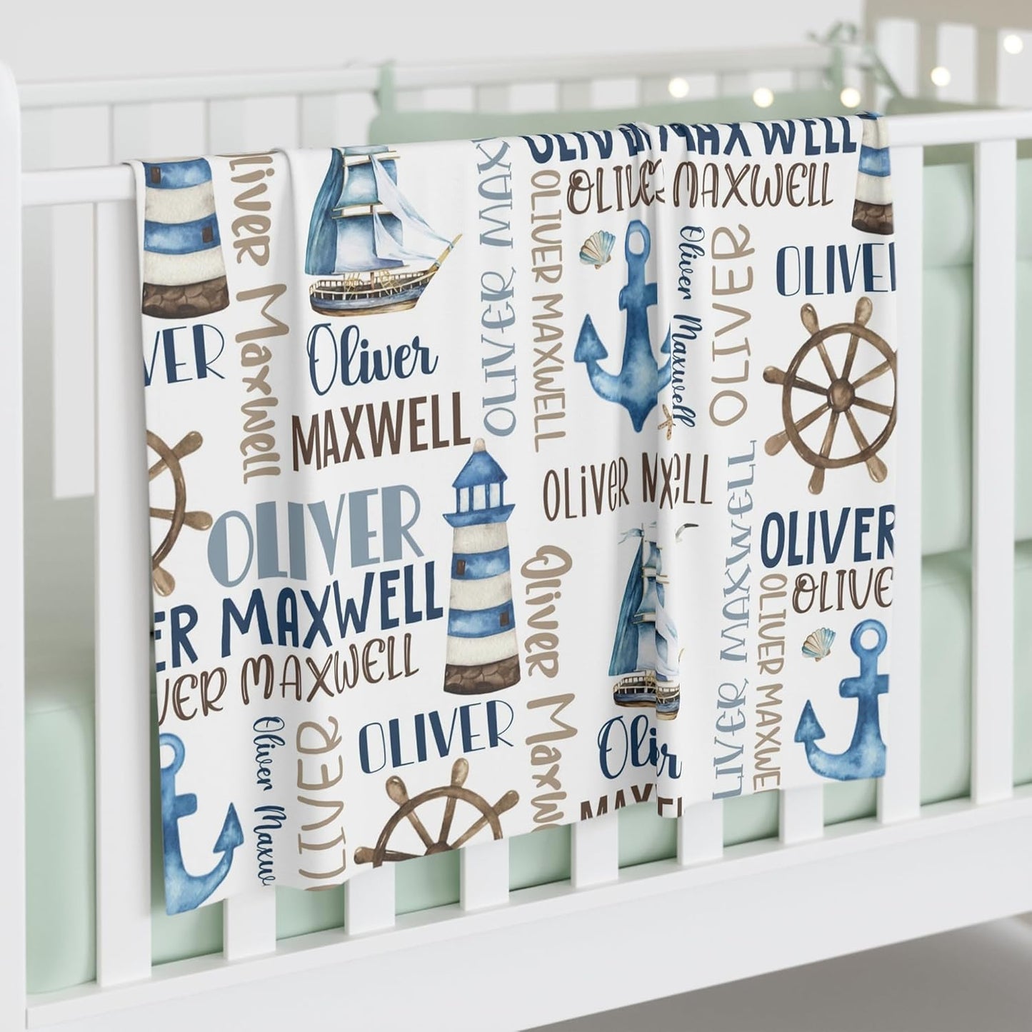 Personalized Baby Blanket for Boys, Custom Baby Blanket with Name, Nautical Blanket Sailboat Anchor