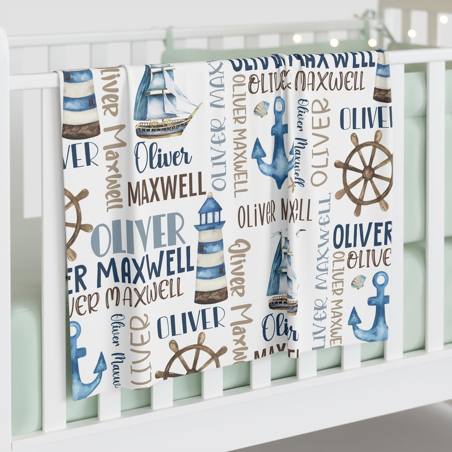 Personalized Baby Blanket for Boys, Custom Baby Blanket with Name, Nautical Blanket Sailboat Anchor