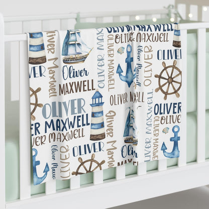 Personalized Baby Blanket for Boys, Custom Baby Blanket with Name, Nautical Blanket Sailboat Anchor