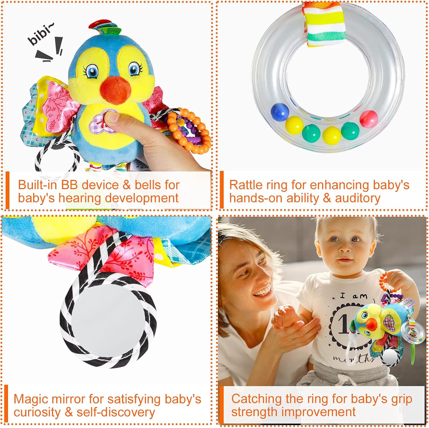 Baby Stroller and Car Seat Toys for Infant - Hanging Rattle Teether Clip on Soft Plush Baby Toys