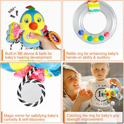 Baby Stroller and Car Seat Toys for Infant - Hanging Rattle Teether Clip on Soft Plush Baby Toys