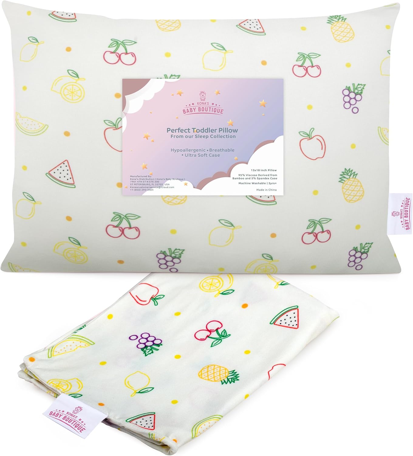 Yellow Fruits - Kona's Perfect Toddler Pillow with Softest Toddler Pillowcase - 13 x 18 inch