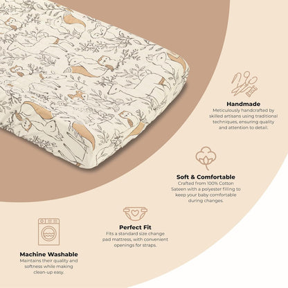Crane Baby Woodland Quilted Changing Pad Cover, Animal Fox Print, Cotton Sateen, Secure Elastic