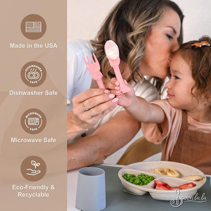 Made in USA Spoon la la Toddler Utensils Set - 6 Pack (3 Spoons & 3 Forks for Kids) - Self-Standing