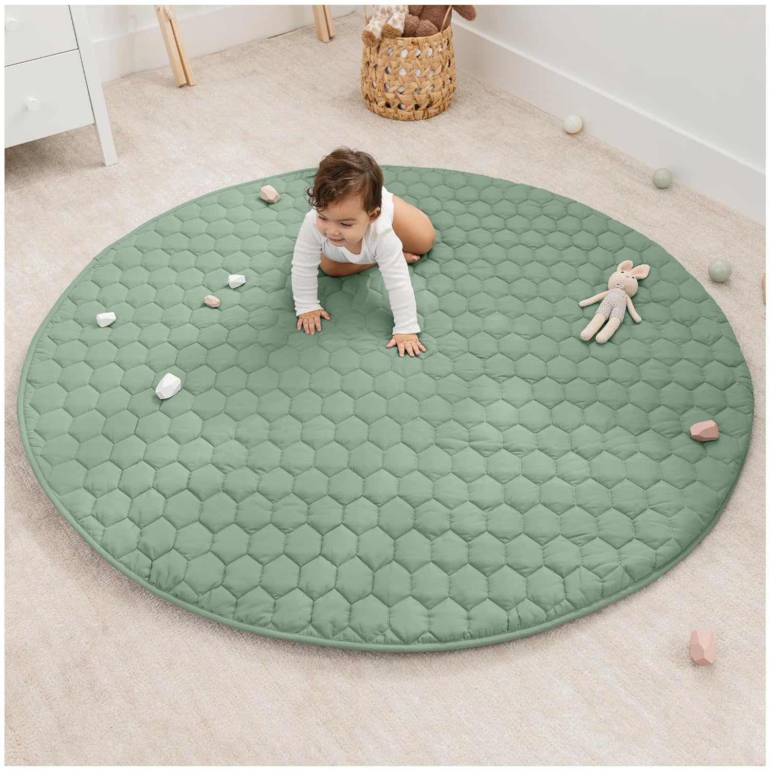 Comfy Cubs Round Kids Play Mat - Large 60 inches Soft Quilted Baby Floor Mat with Non-Slip Bottom