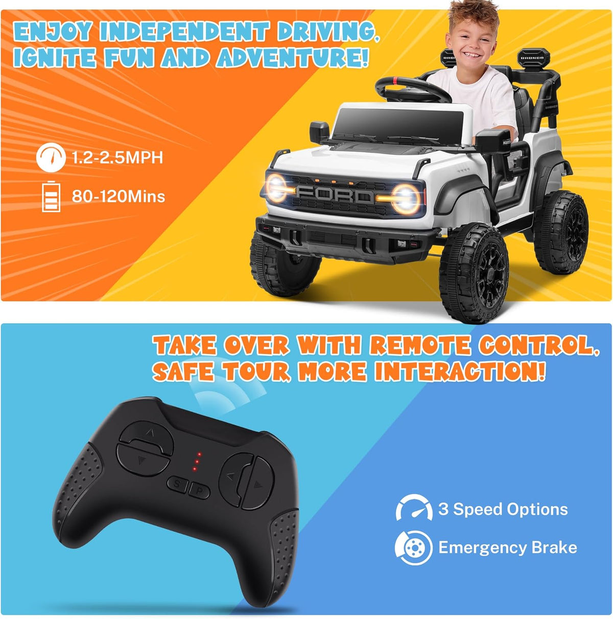 ENYOPRO Licensed Ford Bronco Raptor Electric Car for Kids, 12V Ride On Toys for Toddlers, Christmas