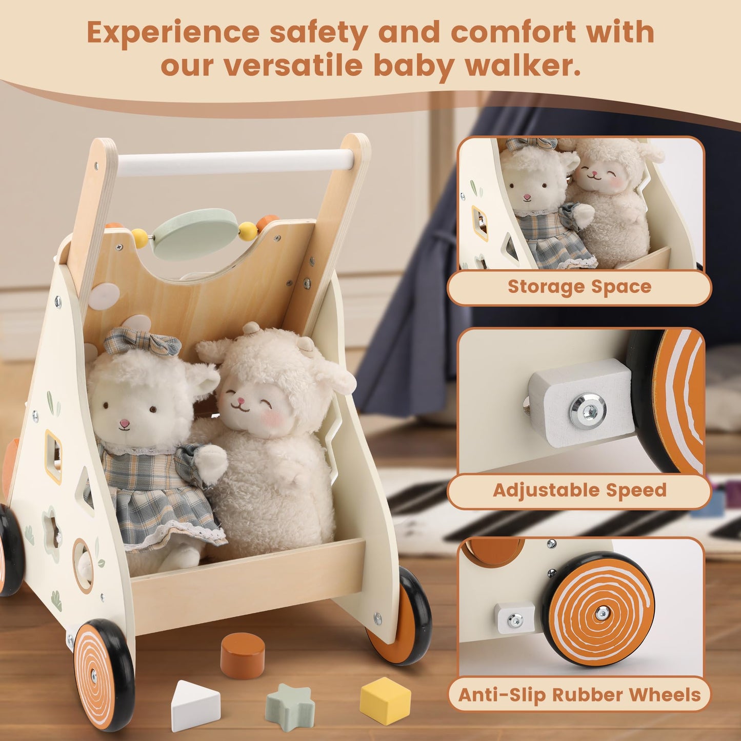Pithfor Wooden Baby Walker, Baby Push Walker with Activity Center for Girls Boys, Montessori Push