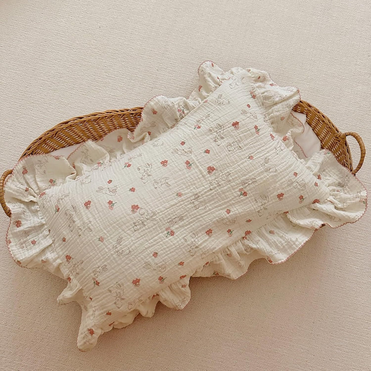 BuLuTu Rabbit Floral Toddler Pillowcase Muslin Cotton Kids Pillow Case Standard Size, 20"x26", Soft