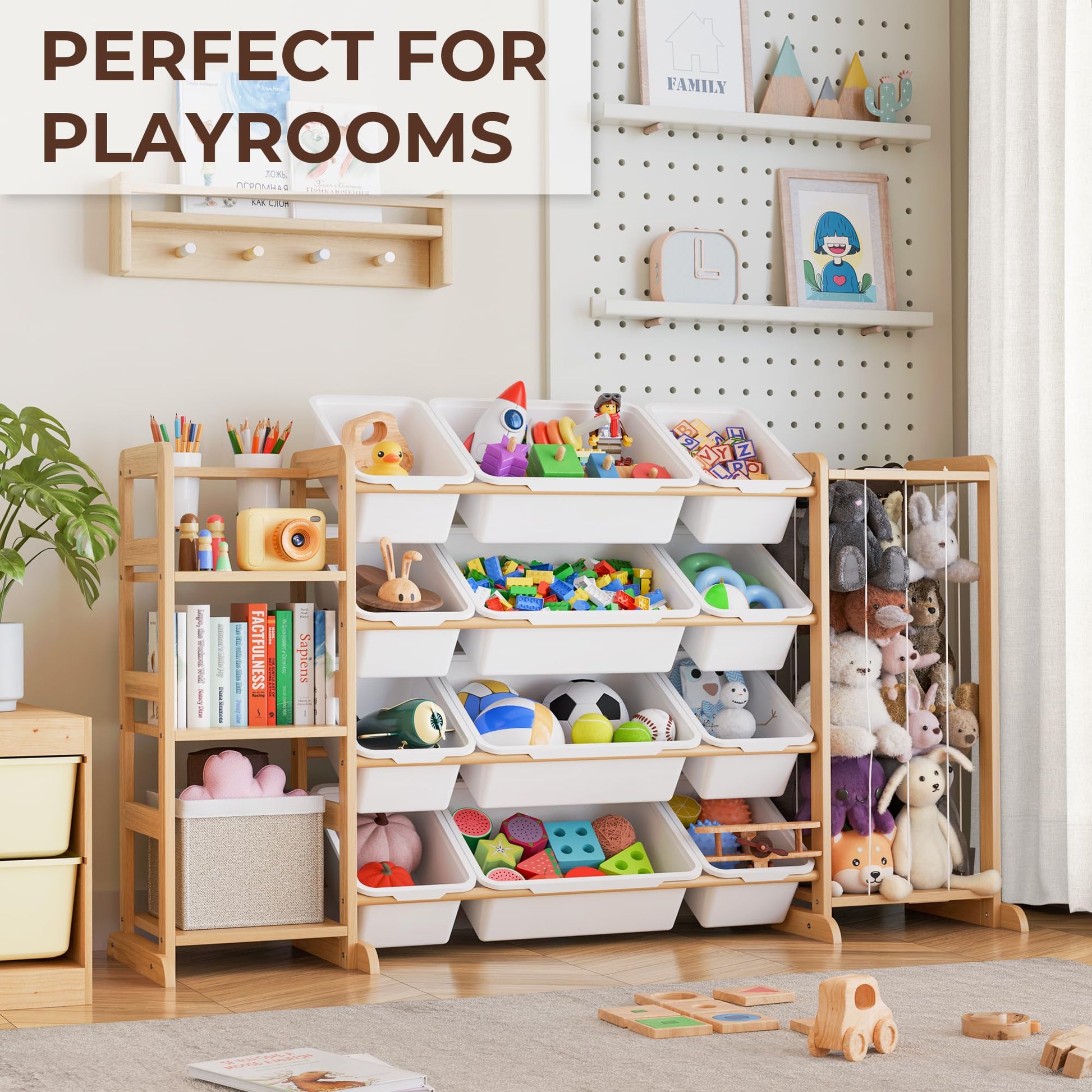 Toy Storage Organizer with Bookshelf and Stuffed Animal Storage - Kids Playroom Organization with