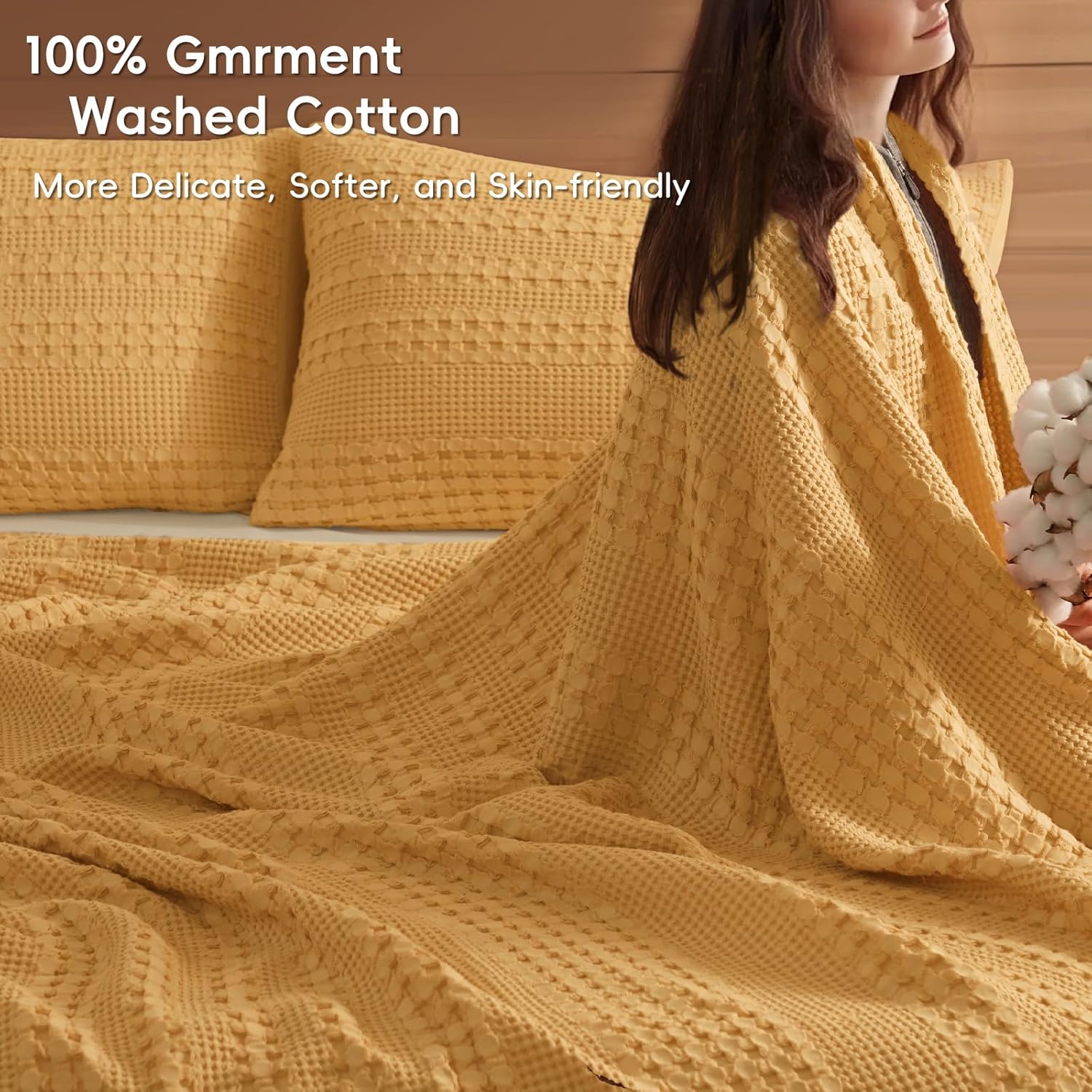 PHF 100% Cotton Waffle Weave Blanket Queen Size for Bed, Lightweight Washed Cotton Blanket