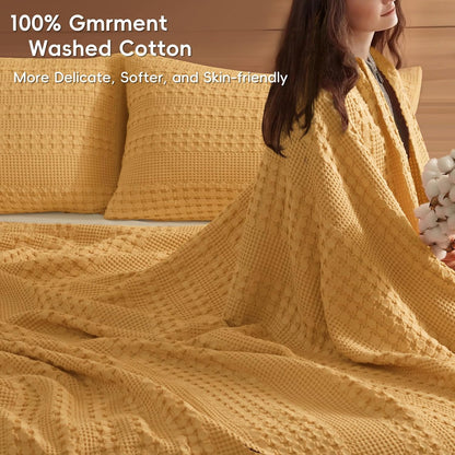 PHF 100% Cotton Waffle Weave Blanket Queen Size for Bed, Lightweight Washed Cotton Blanket
