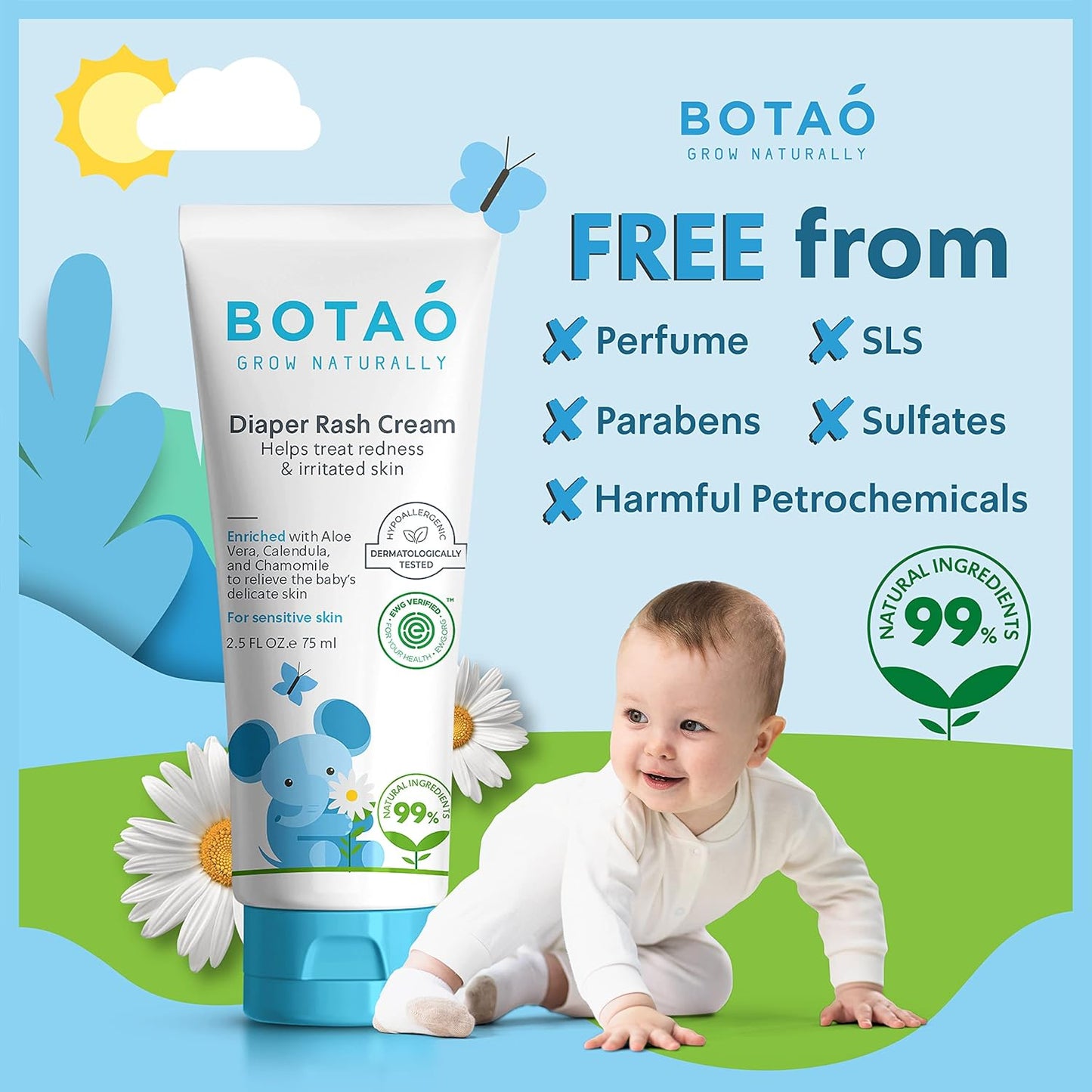 Baby's Natural Diaper Cream | Organic Diaper Cream EWG Verified | Naturally Soothes Baby Rashes |