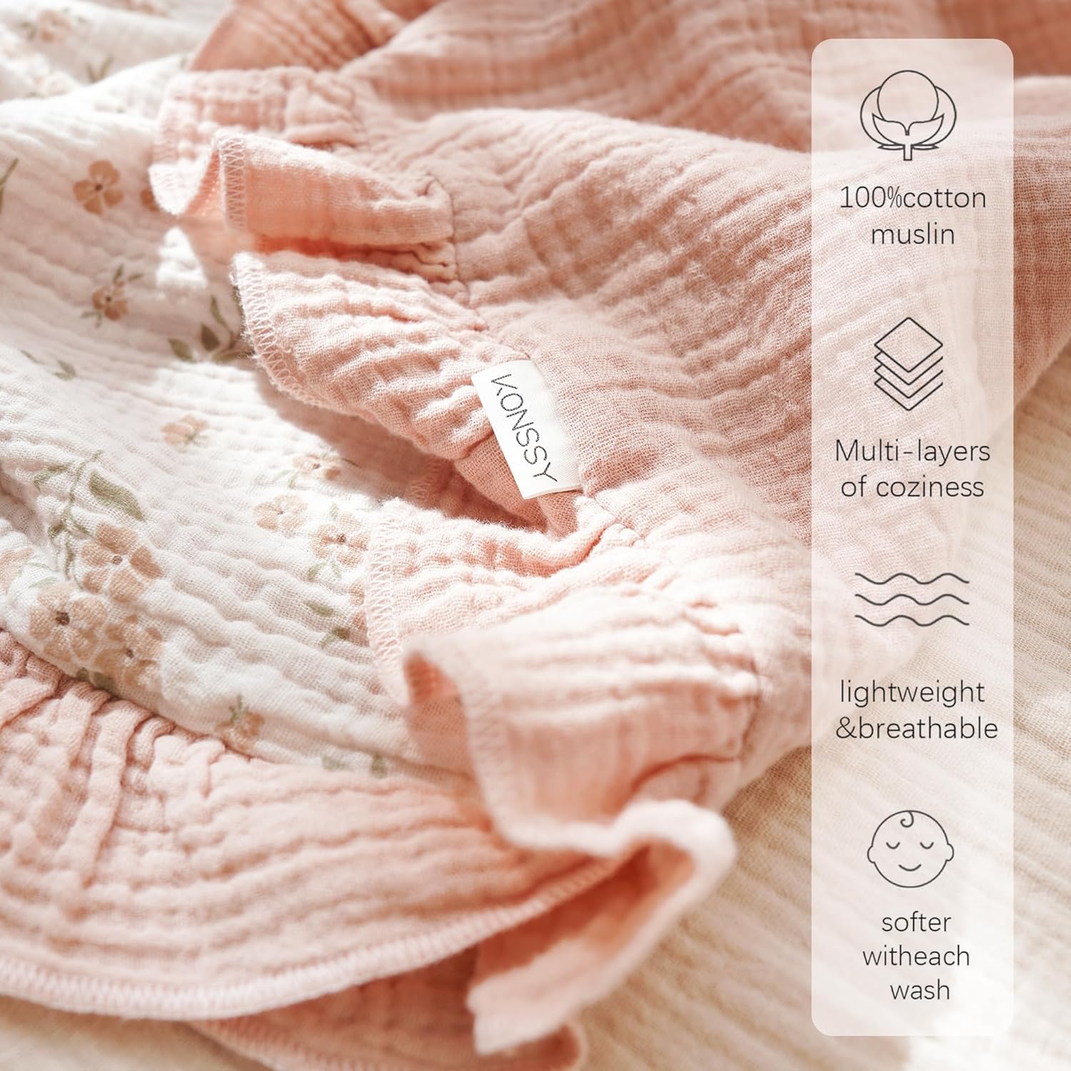 Konssy Flounce Muslin Baby Blankets, Cotton Crib Blanket for Baby Infant Toddler, Super Soft and