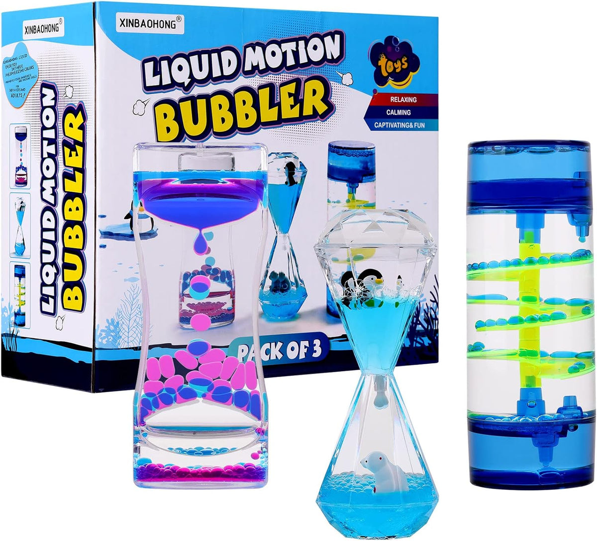 XINBAOHONG Liquid Motion Bubbler for Kids and Adults 3-Pack Hourglass Liquid Bubbler Timer for