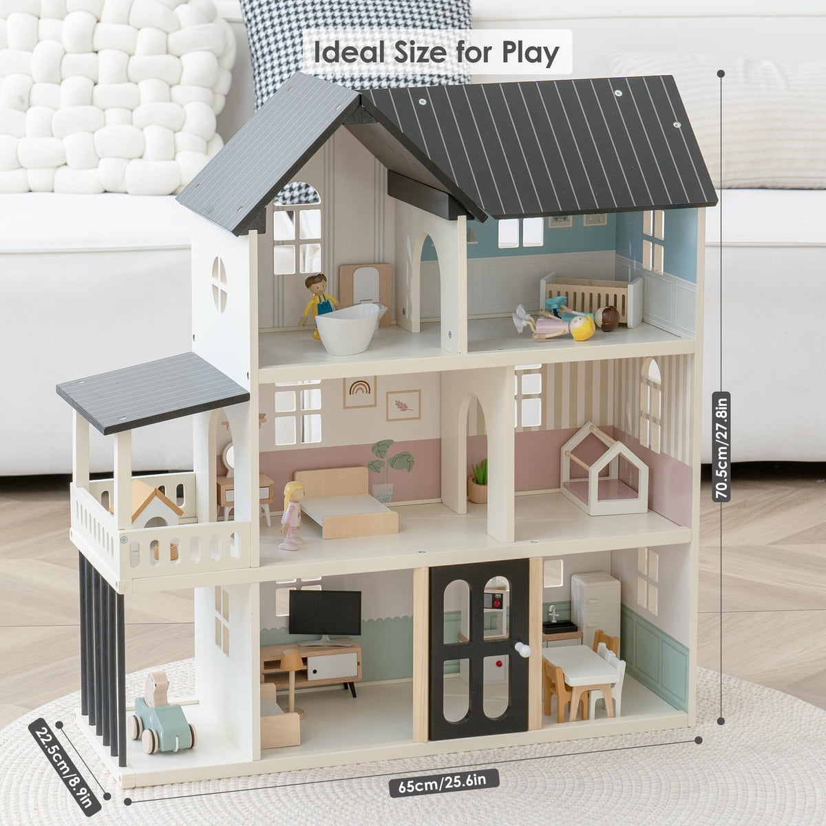 Wooden Dollhouse for Kids, 6-Room Modern-Style Toy Doll House Playset