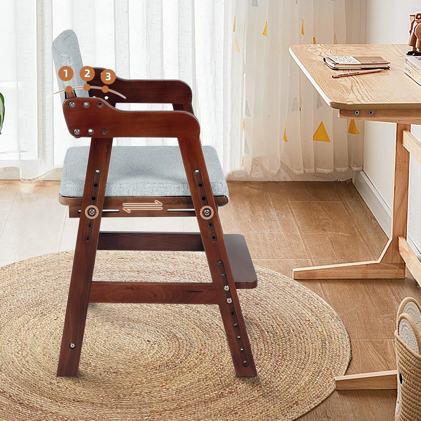 Ezebaby Wooden High Chair for Toddlers to Teens, Adjustable Kids Study & Dining Chair with Steps