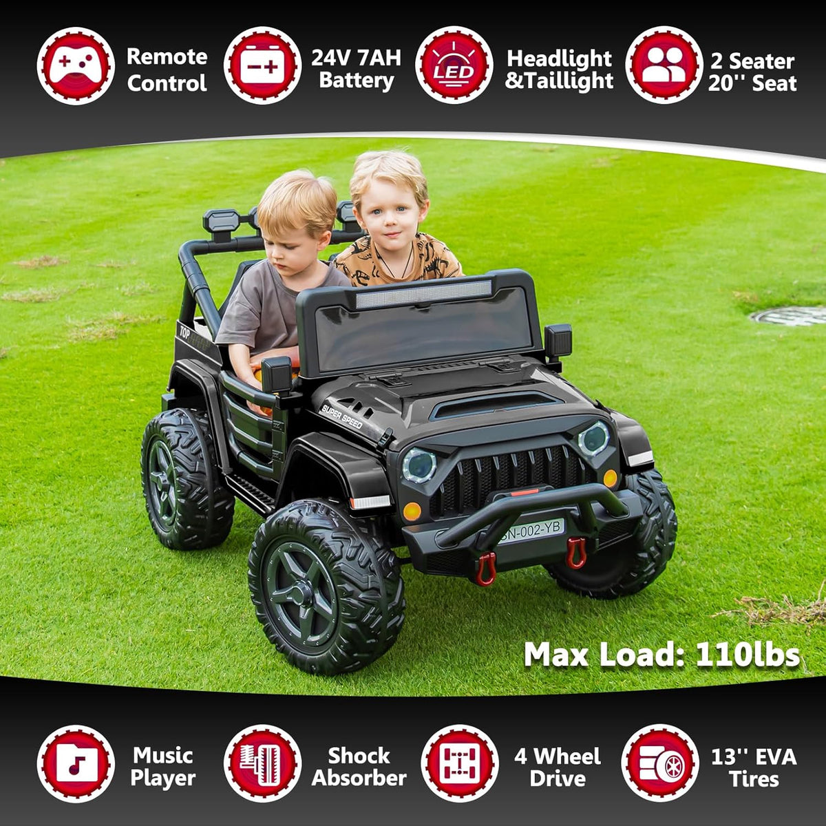 24V 2 Seater Ride On Truck with Remote Control 4WD Electric Car for Kids Ride On Car Battery