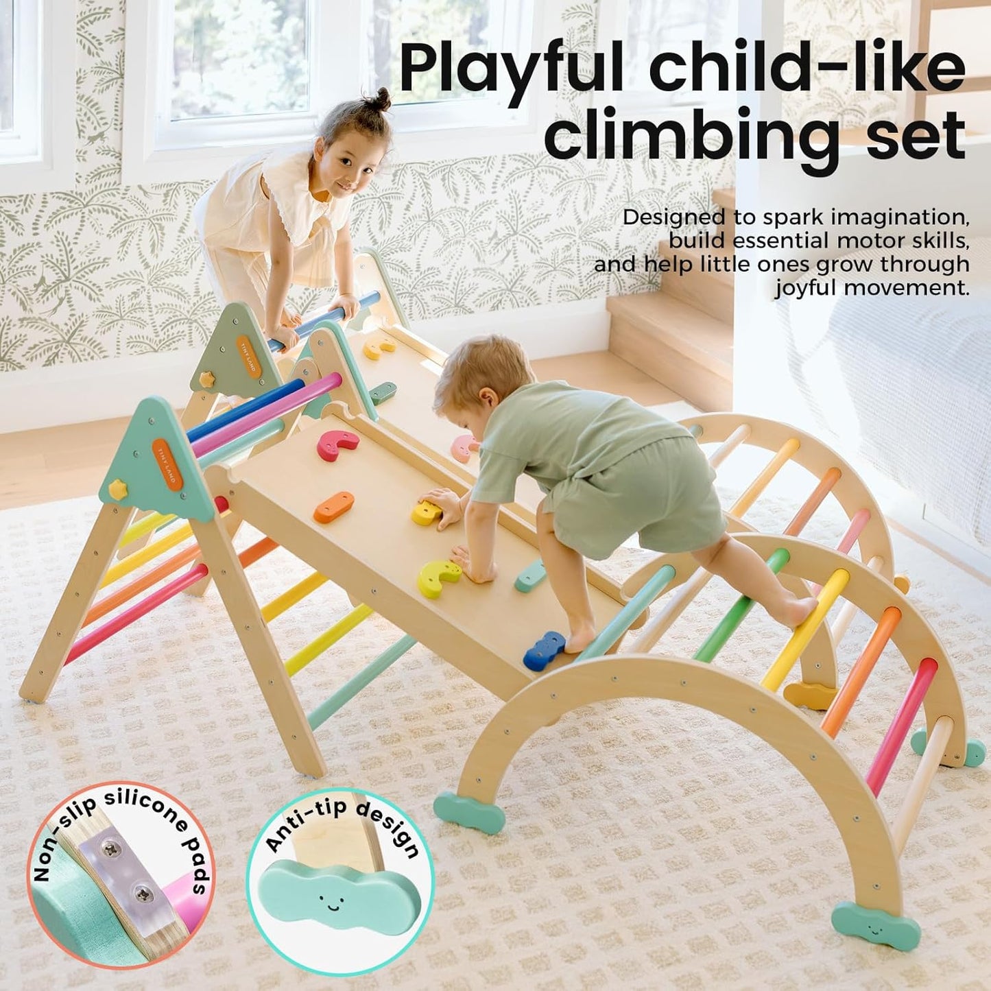 Tiny Land Pikler Triangle Set,7-in-1 Foldable Montessori Toddler Climbing Toys Indoor, Wooden