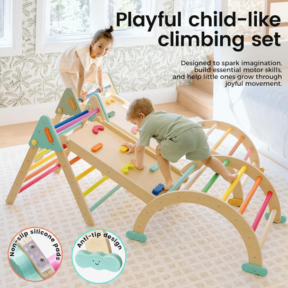 Tiny Land Pikler Triangle Set,7-in-1 Foldable Montessori Toddler Climbing Toys Indoor, Wooden