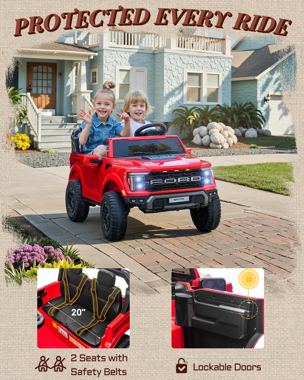 24V 2 Seater Ride on Toys for Kids, Licensed Ford F-150 Raptor Kids Electric Vehicles w/Remote