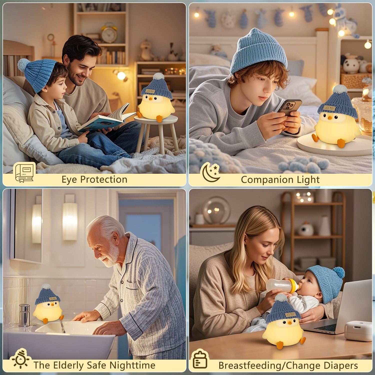 Penguin Lamp with Knit Hat,Kawaii Penguin Night Light,Food Grade Silicone,Dimmable Nursery