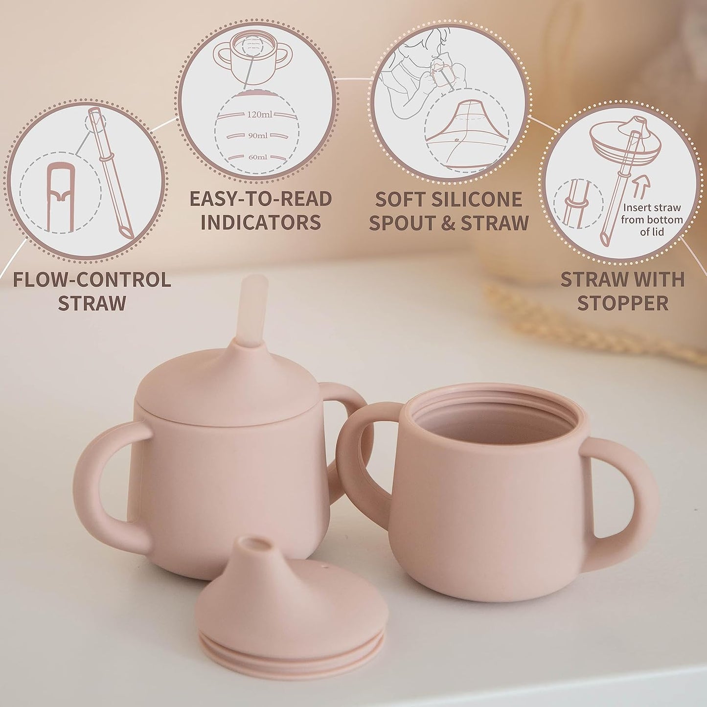 Moonkie Silicone Baby Sippy Cups | 3 Stages Training Cup Straw Cup for Infants Toddlers and Kid | 4