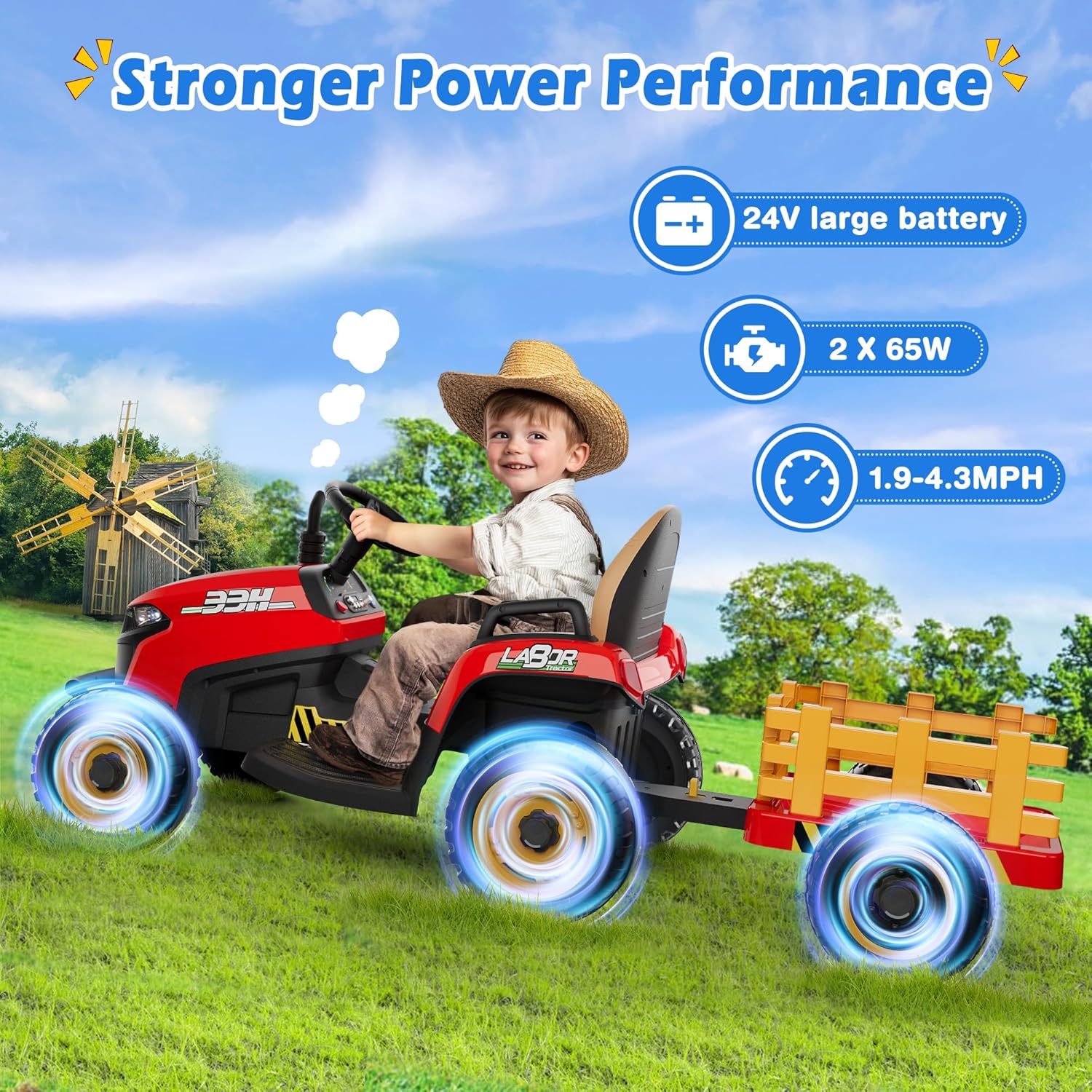 24V Ride On Tractor w/Tiltable & Detachable Trailer, 2x65W Motors, EVA Tires, Remote Control