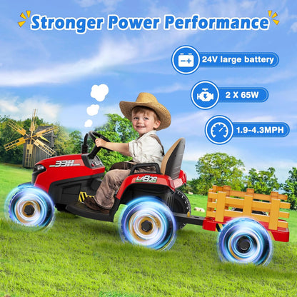 24V Ride On Tractor w/Tiltable & Detachable Trailer, 2x65W Motors, EVA Tires, Remote Control