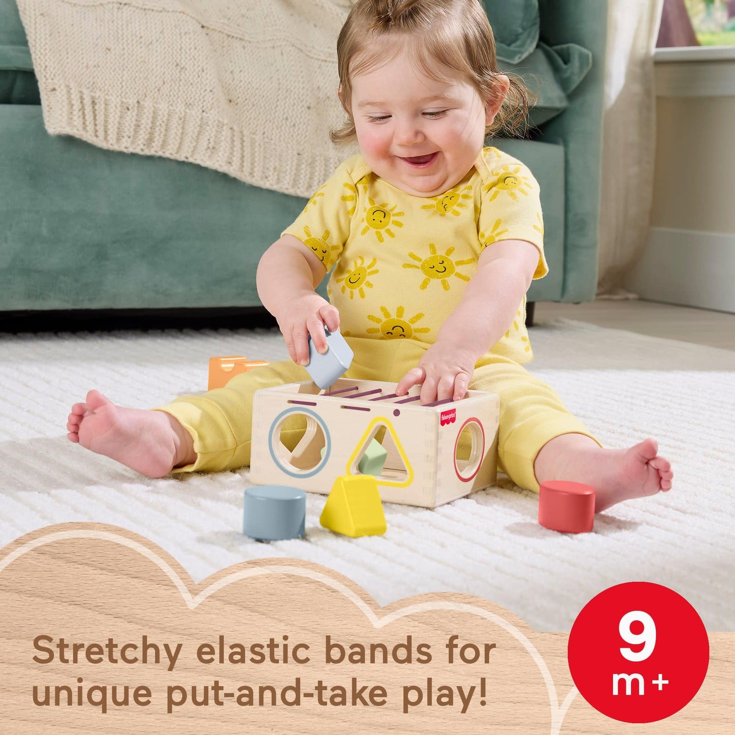 Fisher-Price Wood Baby Toy Flexi Shape Sorter, 7-Piece Wooden Activity with Elastic Bands for