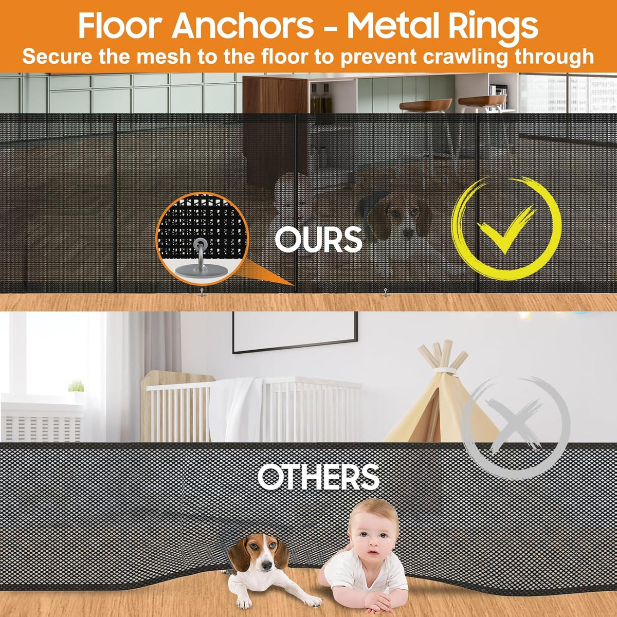 180" Extra Wide Retractable Baby Gates for Large Openings, 42" Extra Tall with Support Rods