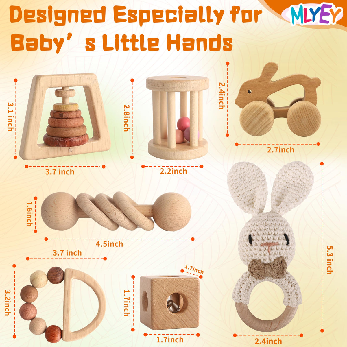 Wooden Toys for Babies, 7PCS Wooden Baby Rattle for 7-24 Months Boys Girls, Natural Wood Montessori