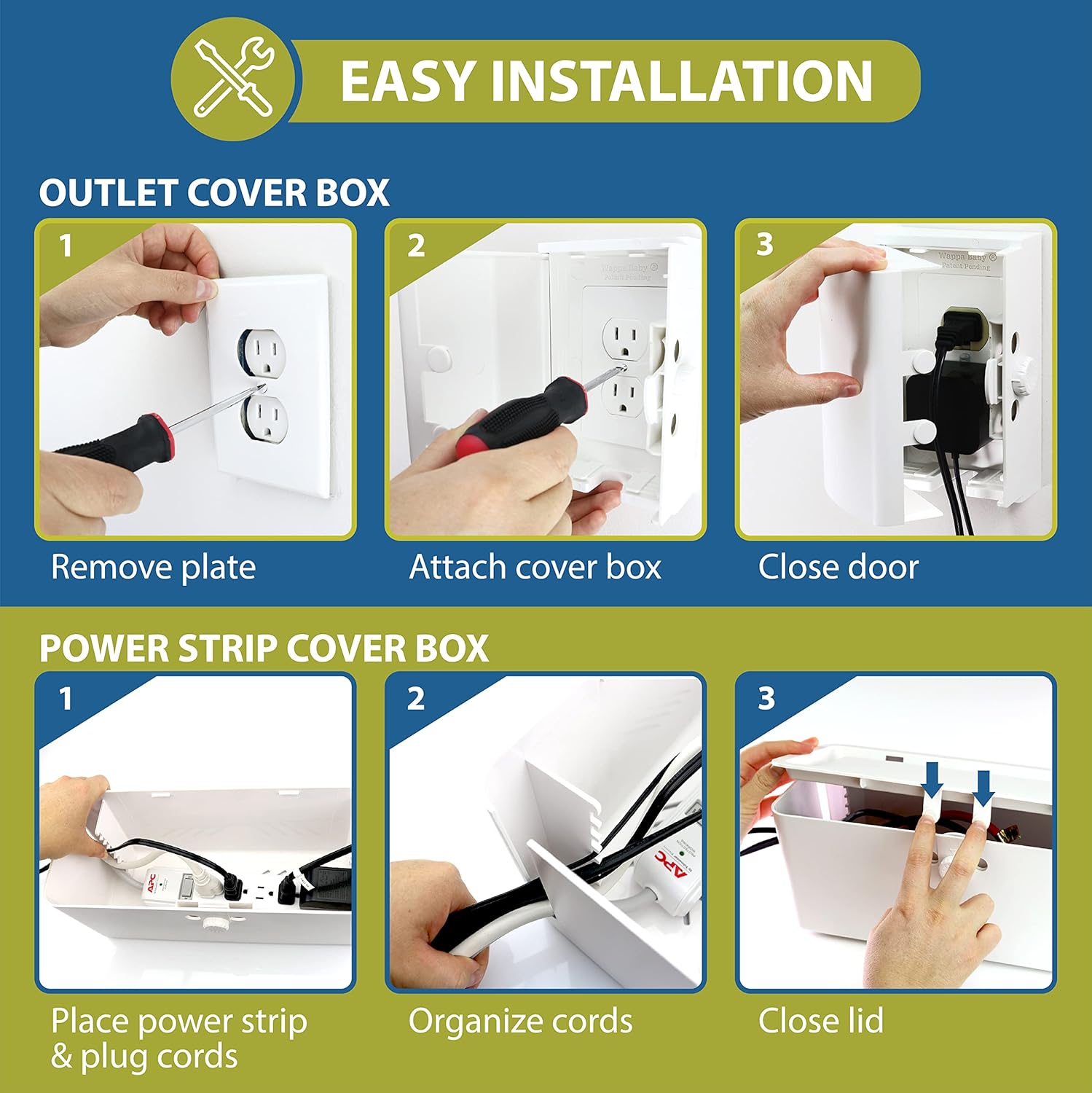 Power Strip Cover and Outlet Cover Box - Effectively Baby Proofs Power Strip on Floor or Wall