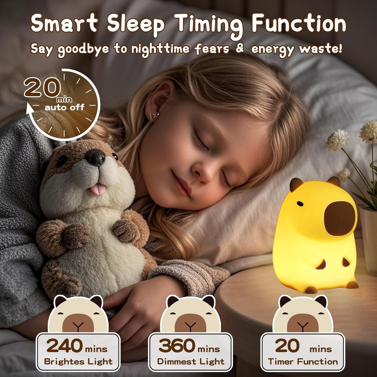 Cute Capybara Night Light, LED Squishy Novelty Animal Night Lamp,2 Levels Dimmable/Timer Nursery