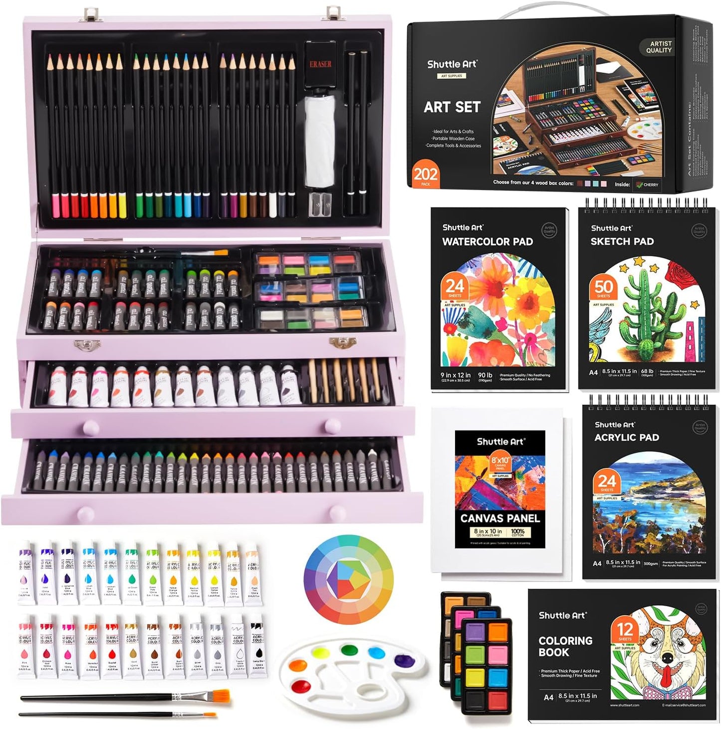 Shuttle Art Deluxe Gift Art Kit, 202-Piece Wooden Art Supplies Set with 4 Drawing Pads, Canvases