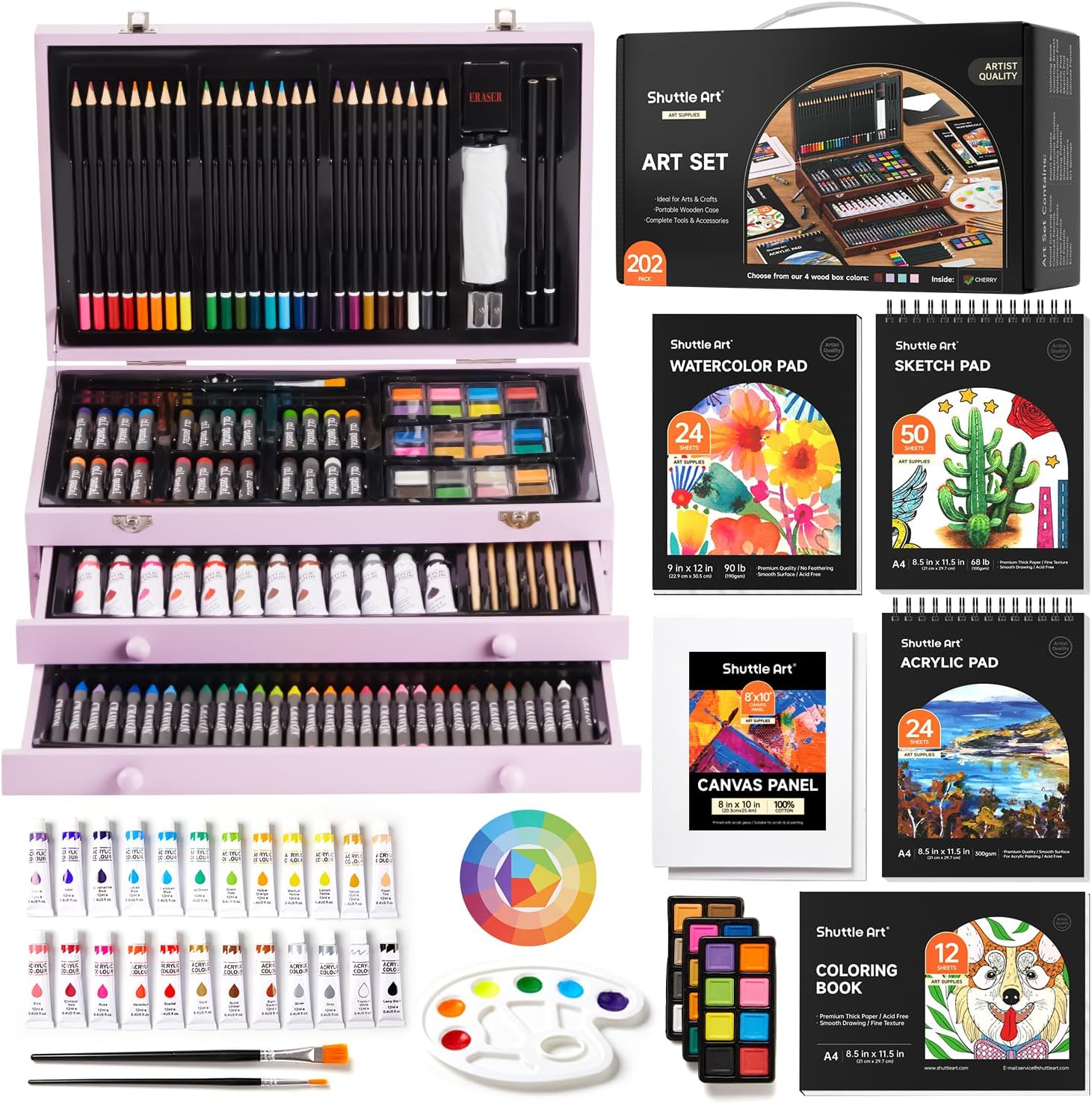 Shuttle Art Deluxe Gift Art Kit, 202-Piece Wooden Art Supplies Set with 4 Drawing Pads, Canvases