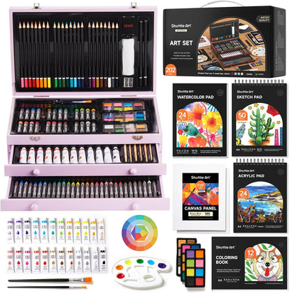 Shuttle Art Deluxe Gift Art Kit, 202-Piece Wooden Art Supplies Set with 4 Drawing Pads, Canvases
