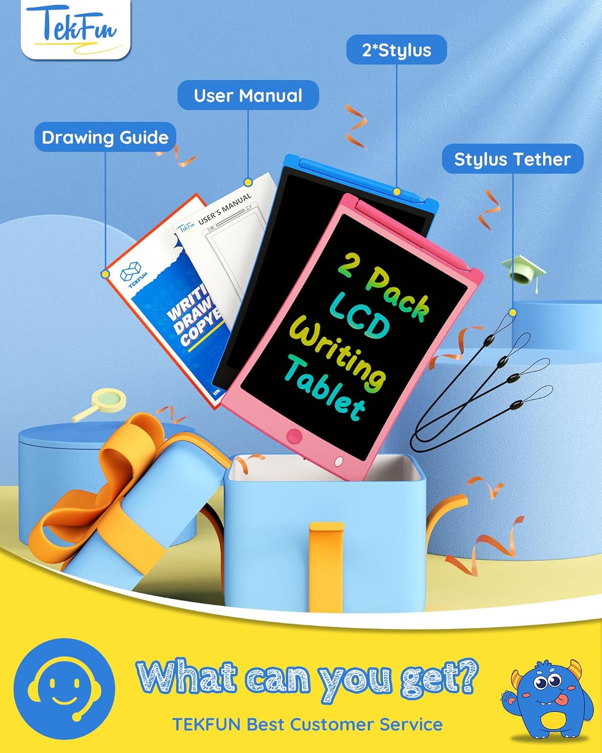 TEKFUN Kids Toys, 2Pcs LCD Writing Tablet with 4 Stylus, 8.5in Erasable Doodle Board Mess Free