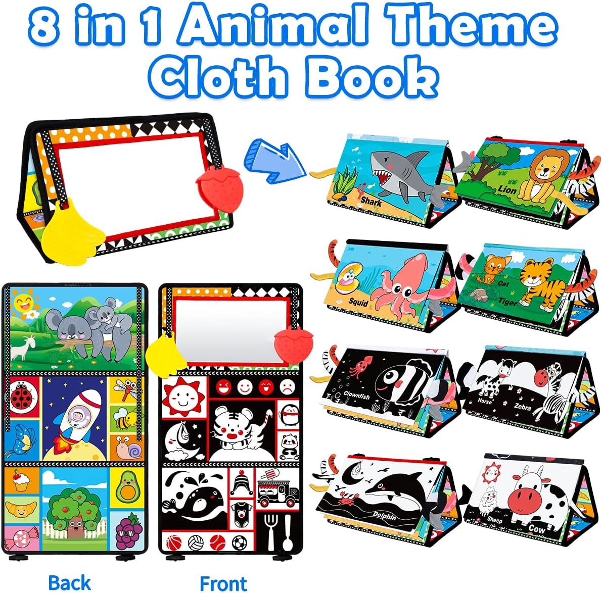 Baby Toys 0-6 Months - Tummy Time Toy Baby Mirror Infant Toys with Cloth Book - Black and White