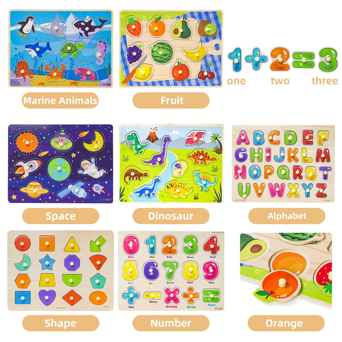 GRINNNIE Toddler Puzzle for 2 3 4 Years Old, 7PCS Montessori Kids Wooden Peg Puzzle Set (Dino