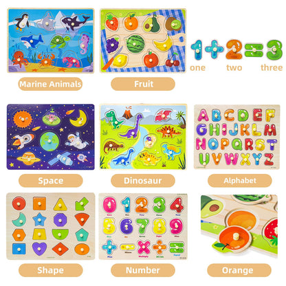 GRINNNIE Toddler Puzzle for 2 3 4 Years Old, 7PCS Montessori Kids Wooden Peg Puzzle Set (Dino