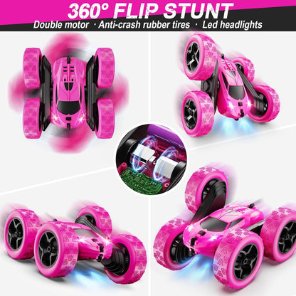 RC Cars, Rose Remote Control Car for Girls, 2.4 GHZ Double Sided RC Stunt Car 360° Rotating Remote