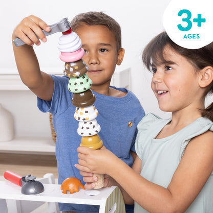 Melissa & Doug Wooden Scoop & Serve Ice Cream Counter, Pretend Play Store, 28 Toy Food & Play